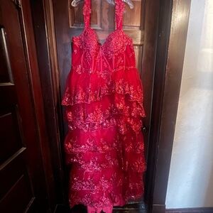 Amazon Women’s Red Tiered Lace Prom Dress With Corset Back And Bustle